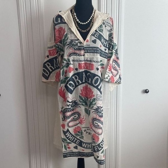 Vintage Sack Dragon Print Cotton Bell Sleeve Dress - Picture 2 of 7